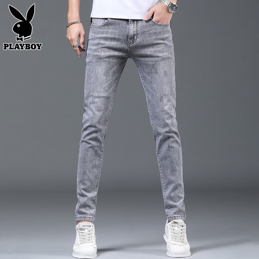 Playboy Jeans pantalon tendance masculine printemps slim pieds 2025 Nouveau pantalon extensible pantalon masculin 1048 Gray 28 [90-105jin [Jin est égal à 0,5 kg]]]