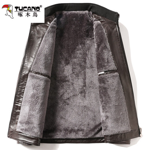 Woodpecker 2025 autumn and winter new style middle-aged men's stand-up collar leather jacket, middle-aged and elderly dad's outfit, velvet thickened leather jacket, black XL