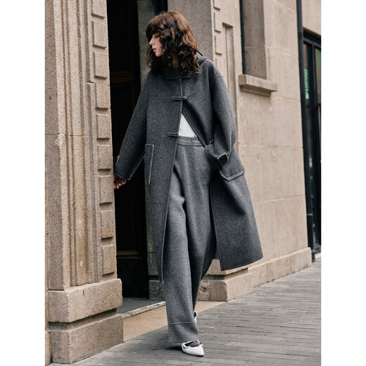 ELLE 100% sheep wool gray hooded woolen coat for women 2025 winter new long wool coat medium gray M