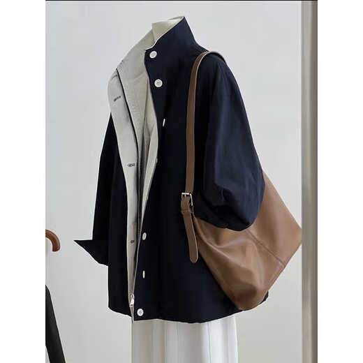 ROMON sense stand collar windbreaker jacket for women 2025 new spring and autumn small casual Korean Hepburn style short women's clothing navy blue L -110-120Jin Jin is equal to 0.5 kg