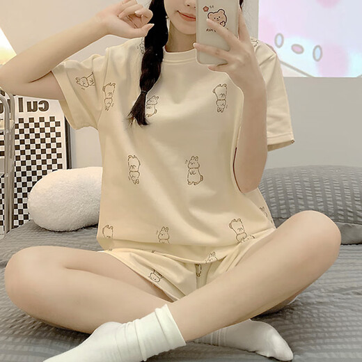 GTYUWVG pajamas for women in summer short-sleeved cartoon cute rabbit 2025 spring and summer Korean round neck home clothing set 1048 purple rabbit M Recommended weight 75-95 Jin [Jin equals 0.5 kg]
