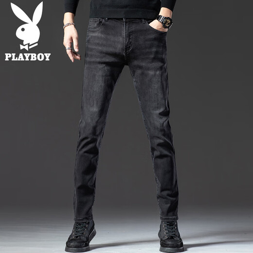 Playboy black jeans for men 2025 new trousers spring trend slim fit small feet pants for men 1048 black 28 90-105Jin Jin is equal to 0.5 kg