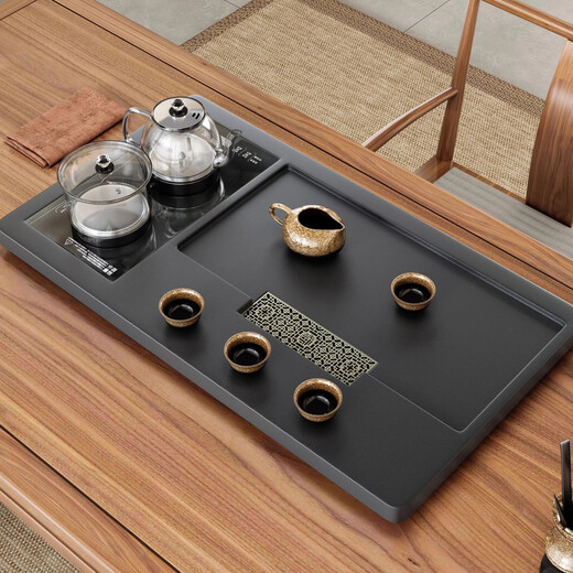 Synthetic black gold stone tea tray, household tea table, kettle, one-piece office fully automatic set, one-piece stone tea tray, 80*45 length + bottom water glass furnace (one piece)
