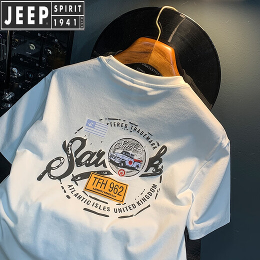 JEEP SPIRIT Jeep White T-shirt Men's Summer New Trendy Printed T-shirt American Light Luxury Xinjiang Cotton Comfortable Short Sleeve T-Sleeve T-White [JSW9906 White] XL Suitable for 124-140Jin [Jin equals 0.5 kg]