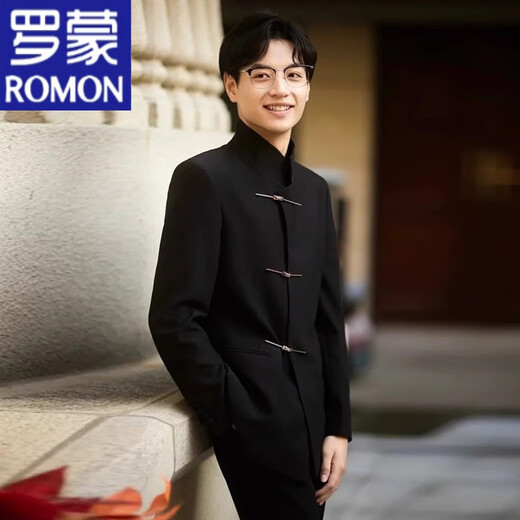 ROMON New Chinese-style Chinese tunic suit, high-end stand-up collar suit, men's spring and autumn wedding and engagement suit jacket, black, high quality, M 100-120Jin Jin equals 0.5 kg