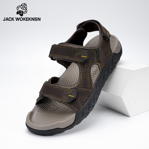 JACK WOKEKNSN Wolf Claw Cloud Sandals Men's 2025 New Summer Outerwear Anti-Slip Dad Sandals Men's Thick-soled Genuine Leather Wading Sand Dark Gray Counter Genuine 42