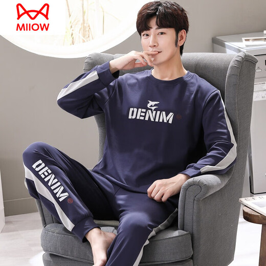 猫人（MiiOW）睡衣男春秋季纯棉长袖青少年学生全棉大码休闲夏季薄款家居服套装 Q6625网球黑 男款XL【135-155斤】