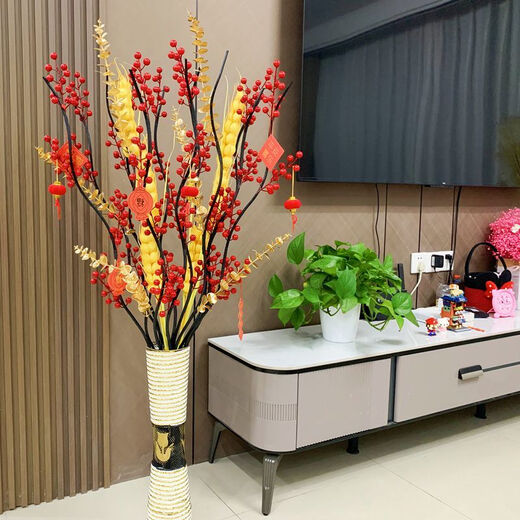 MPPMCK fortune red fruit New Year's Eve living room artificial flower floor decoration fake flower ornaments wedding decoration housewarming flower arrangement with bottle 10 fruits 2 barley