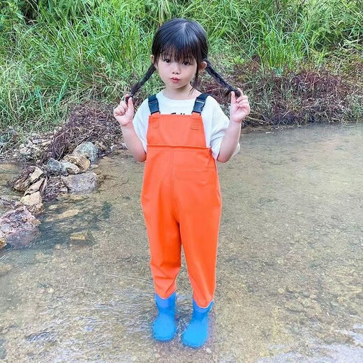 Women's waders, children's one-piece water play overalls, sand clothes, rain pants, rain boots, men's and women's waterproof pants, children's orange overalls 20, height 120-shoe size 30