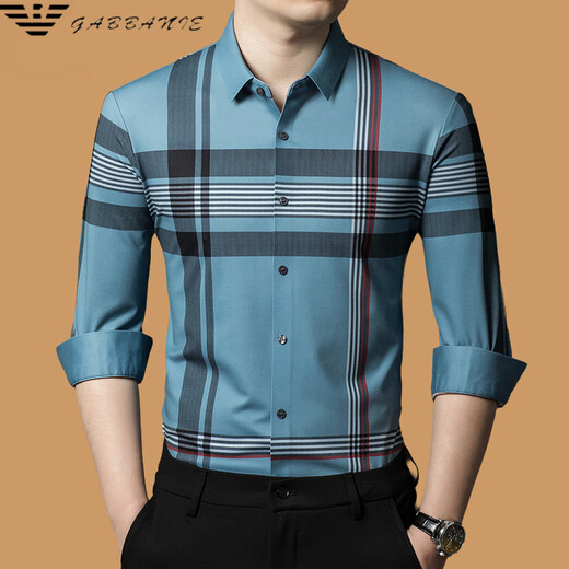 奇阿玛尼亚耐ke桑蚕丝长袖衬衫男装秋季新款格子休闲免烫高端衬衣 9856卡其 9856卡其 S 165/80A建议100-120斤