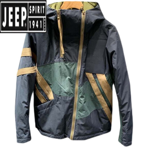 Jeep (JEEP) new winter style Hong Kong trendy brand diagonal zipper hooded cotton jacket for men, loose and versatile, contrasting color thickening jacket, navy blue 2XL recommended 140-160Jin Jin equals 0.5kg