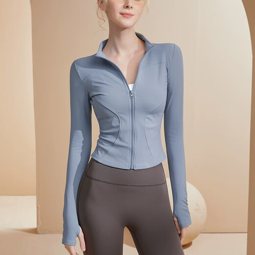 Bo Naling Yoga Wear Women's Suit Fitness Suit Running Sports Spring Suit Pilates Training Jacket Waist Cinch Quick-Dry Suit Blue Gray Yoga Suit Two-piece Set L (110-125 Jin Jin equals 0.5 kg)