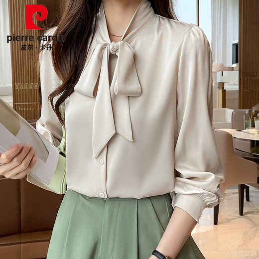 皮尔卡丹（pierre cardin）杭州真丝衬衫女长袖春装新款法式蝴蝶结衬衣感抗皱桑蚕丝上衣 白色9276款 M :95-105斤