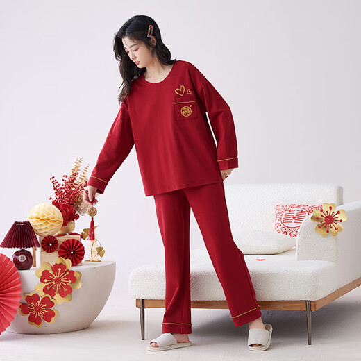猫人蛇年睡衣女士春秋季纯棉长袖100%全棉家居服冬红色本命年V领套装 9227 XL ( 建议体重110-140斤）