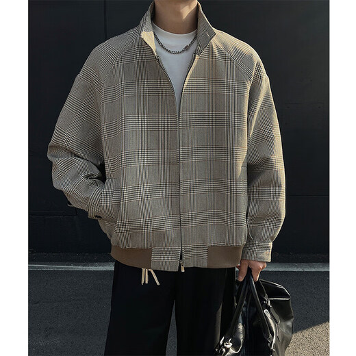 NYING American Houndstooth Stand Collar Jacket Men's Spring and Autumn New High Street Fashion Brand Casual Short Jacket Loose and Versatile Old Money Brown XL (125-145Jin Jin equals 0.5kg)