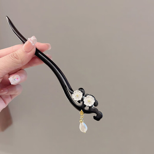Two generations of happy Chinese style black sandalwood hairpins for women, new Chinese style flower tassel hairpins, ancient style high-end hair accessories, daily gifts, double-sided sandalwood hairpins