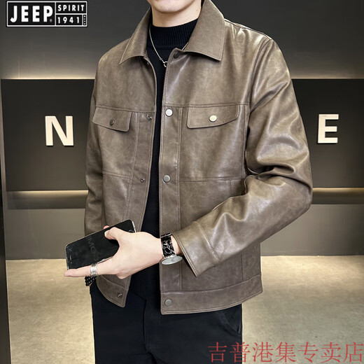 JEEP SPIRIT American retro pu leather jacket men's spring and autumn style multi-pocket motorcycle short style trendy handsome leather jacket coffee color M