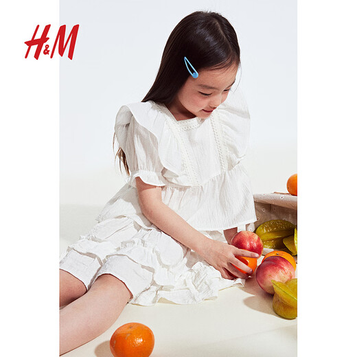 H&M children's clothing children's girls' shirt spring square collar short-sleeved casual skirt hem top 1271988 lilac 130 130/64