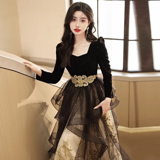 Weixuan high school student 18-year-old adult dress female black evening dress 2025 new high-end light luxury niche banquet method black 8303 gold spraying process slightly shed powder XS one size fits all