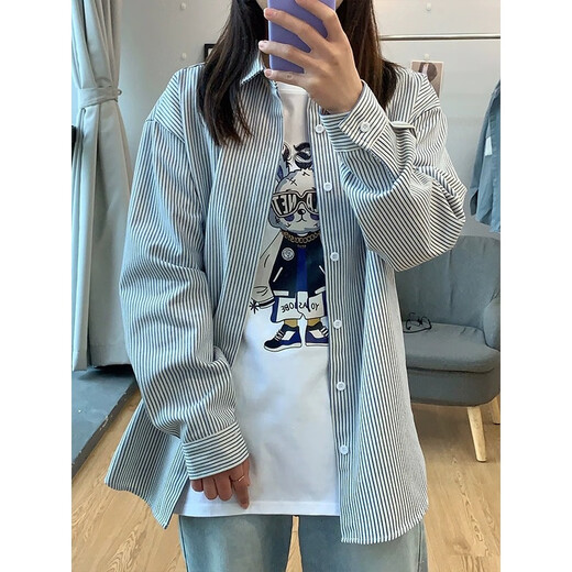 迪伽达复古条纹长袖衬衣男士春秋冬季新款衬衫男女同款休闲宽松开衫外套 ZSFS-C51黑色 XL