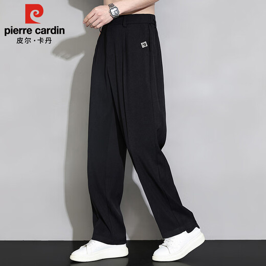 皮尔卡丹（pierre cardin）休闲裤男春夏季薄款宽松直筒裤子男士垂感阔腿长裤男装 黑色 XL