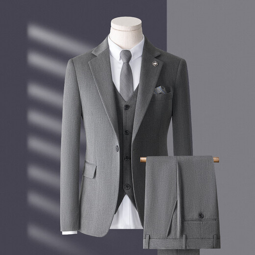 Bird-like suit suit for men, three-piece Korean style slim business casual suit for groom and wedding, medium gray, top + pants + vest, free lining L