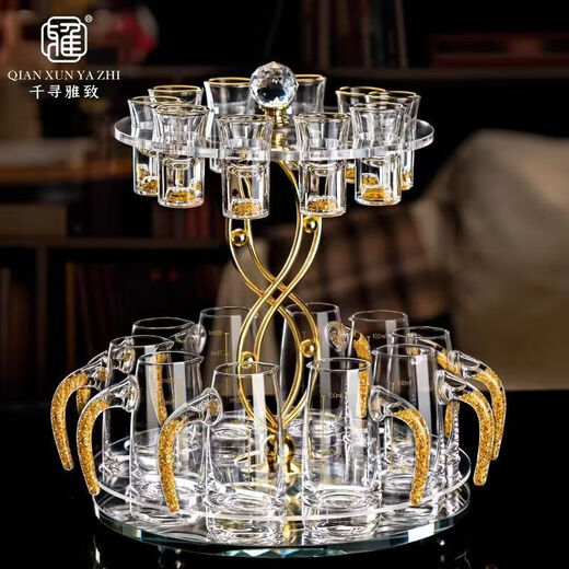 Qianxun Yazhi light luxury high-end white wine glass set household crystal glass wine dispenser goblet cup wine cup wine set shelf gold foil Moutai cup set 10 pots 10 cups