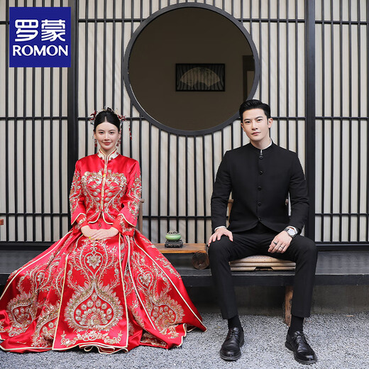 ROMON New Chinese style stand collar tunic suit suit men's Chinese style groom wedding engagement dress suit slim suit black (suit + trousers) 2XL /54 135-150Jin Jin is equal to 0.5kg wear