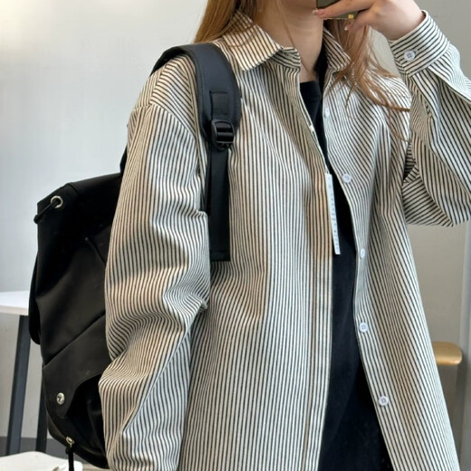 迪伽达复古条纹长袖衬衣男士春秋冬季新款衬衫男女同款休闲宽松开衫外套 ZSFS-C51黑色 XL