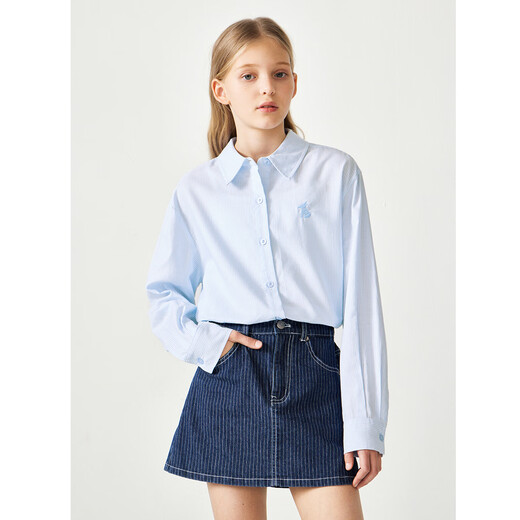 ELLE KIDS old money style 25 spring and autumn girls classic embroidered striped top lapel long-sleeved shirt blue and white stripes