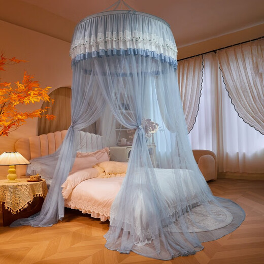 Nanjiren Princess style floor-standing anti-mosquito net ceiling-mounted 1.5mx2m installation-free mosquito net 1.8x2m household all-in-one Qingcheng-Blue Gray XZ [installation-free encryption mosquito net] 2.0m (6.6 feet) bed