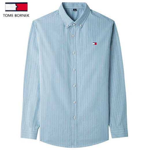 TOME BORNEK汤米2025新款春秋季长袖衬衫男士商务纯棉条纹免烫衬衣男潮 蓝条 L 175(建议120-140斤)
