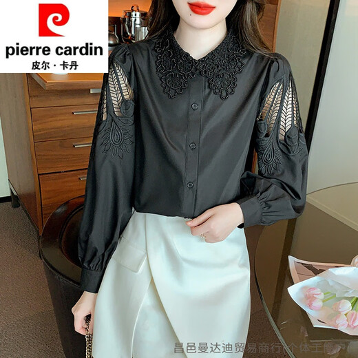 皮尔卡丹（pierre cardin）刺绣领女年春秋装时尚绣花白色衬衣百搭长袖上衣针织 CY9227 白色 S 【建议75-95斤】