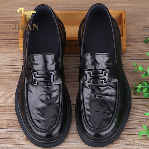 JIFAN Light Luxury Brand Leather Shoes Men's Spring British Business Casual Formal Shoes Men's Genuine Leather Soft Sole Soft Surface Derby Shoes Black Sleeve Metal H Style 41