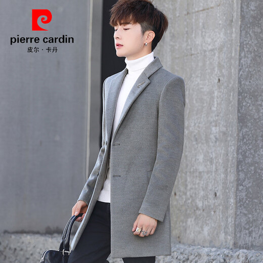 Pierre Cardin Youth Windbreaker British Slim Medium Long Woolen Coat Men's 2025 New Korean Style Trendy Woolen Coat Men 1818 Light Gray 2XL