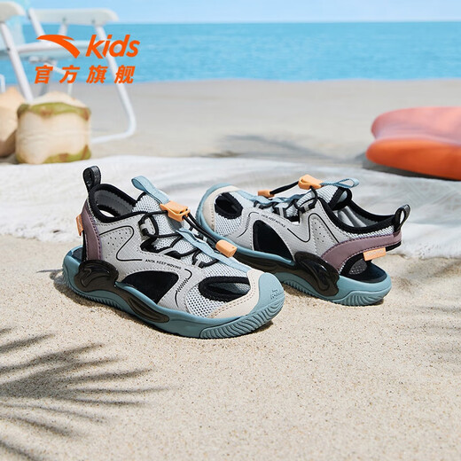 Anta children's sandals men's children's shoes 2025 summer new product Baotou breathable children's sports shoes tracing the stream beach shoes [men's style] gray/mud lime/purple 9906H-1 31