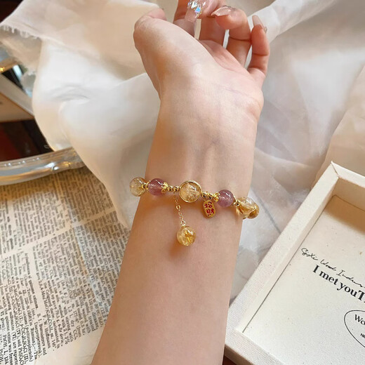 Yellow pagoda crystal citrine bracelet attracts wealth and prosperity, yellow crystal bracelet with strawberry crystal attracts girls with peach blossoms, yellow pagoda crystal 16cm