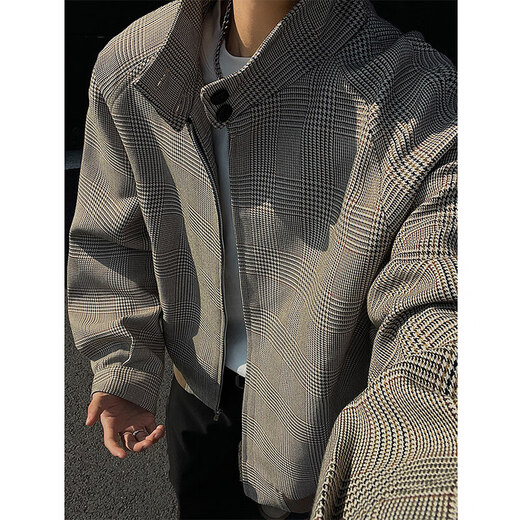 NYING American Houndstooth Stand Collar Jacket Men's Spring and Autumn New High Street Fashion Brand Casual Short Jacket Loose and Versatile Old Money Brown XL (125-145Jin Jin equals 0.5kg)