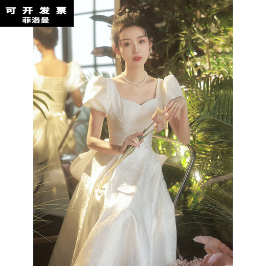 FEILUOMAN dress women's banquet evening dress for fat little people to receive certificates and light engagement white dress French dress can be worn at ordinary times white mid-length XS