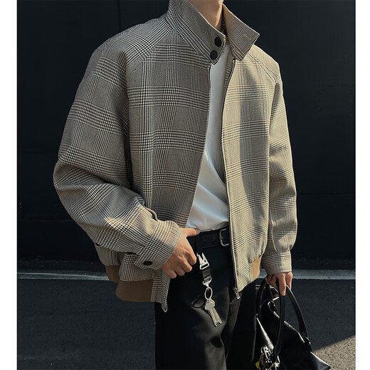 NYING American Houndstooth Stand Collar Jacket Men's Spring and Autumn New High Street Fashion Brand Casual Short Jacket Loose and Versatile Old Money Brown XL (125-145Jin Jin equals 0.5kg)