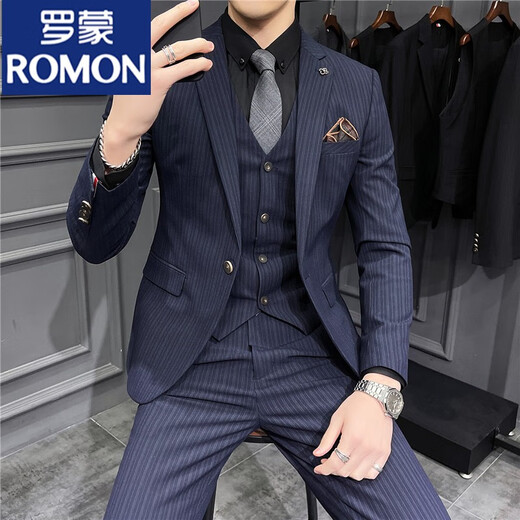 罗蒙（ROMON）西服男士套装感修身订婚新郎结婚礼服商务正装休闲西装伴郎服 深灰色纹理9905【西服+西裤】配2 S 4690斤穿