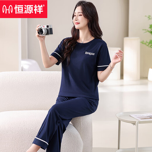 
Hengyuanxiang pajamas for women in summer cotton short-sleeved thin 2025 new summer casual and can wear trousers for outdoor clothing 7374 bean paste powder M 80-100Jin [Jin equals 0.5 kg]