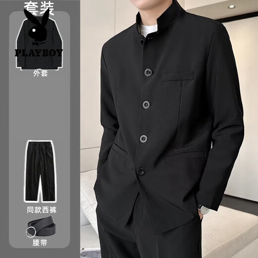 Playboy (PLAYBOY) New Chinese style tunic suit handsome stand collar national style suit jacket suit dress casual Tang suit shoulder pad black jacket + pants belt 2XL