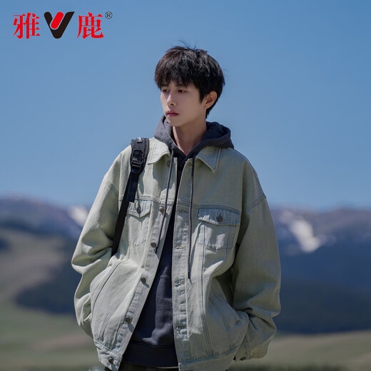 Yalu denim jacket men's spring and autumn ins trendy Hong Kong style retro loose denim jacket clothes winter thickened tops blue XL recommended weight 120-140Jin Jin equals 0.5 kg