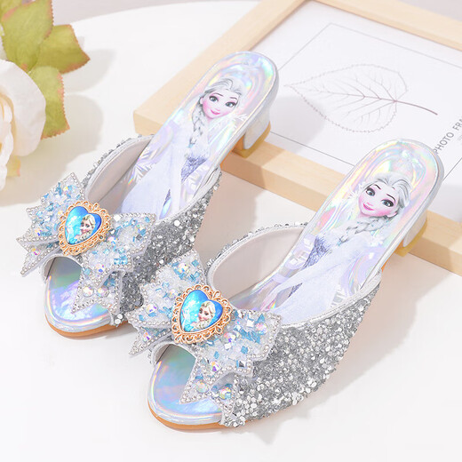 Ye Yu Silver Children's Crystal Slippers Fashionable Children's High Heel Slippers Frozen Princess Elsa A516-3 Silver 29 Inner Length 18cm (size is too small)