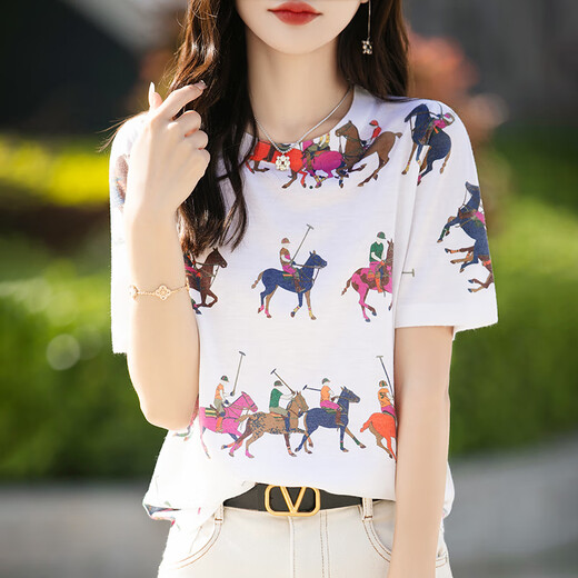 HMRSV mulberry silk short-sleeved T-shirt for women 2025 summer new casual fashion design cool sense horse print top trendy Gunma horse picture print 848 L
