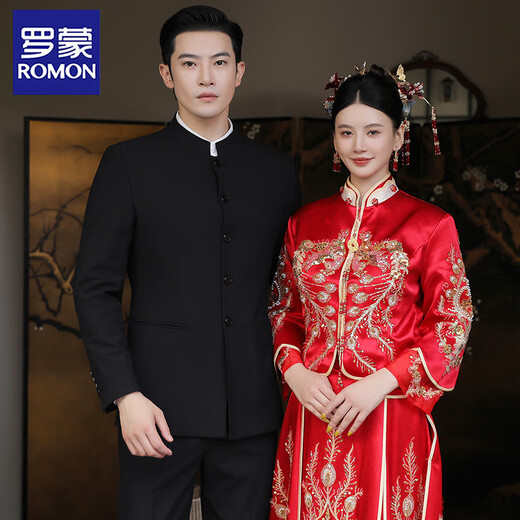 ROMON New Chinese style stand collar tunic suit suit men's Chinese style groom wedding engagement dress suit slim suit black (suit + trousers) 2XL /54 135-150Jin Jin is equal to 0.5kg wear