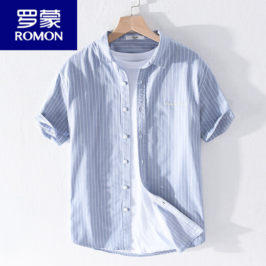 ROMON men's striped shirt short-sleeved loose summer thin Japanese casual all-match cotton shirt summer clothes 9740 white M 100Jin Jin is equal to about 0.5 kg