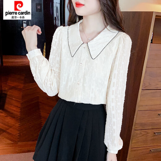 Pierre Cardin (pierre cardin) chiffon shirt women's long-sleeved 2025 spring new style doll collar top-like shirt, chic and beautiful shirt, apricot version - lining L recommended 105-115Jin Jin equals 0.5 kg