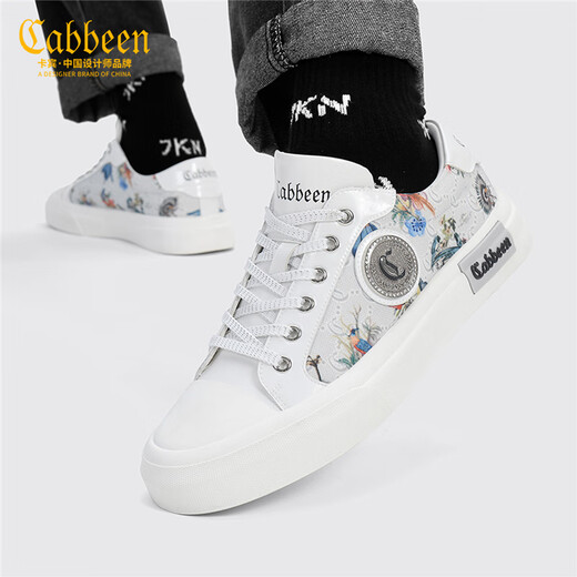 卡宾帆布鞋男鞋冬季涂鸦国潮小白鞋子男士运动休闲鞋百搭潮鞋低帮板鞋 白色 39 比运动鞋偏大一码